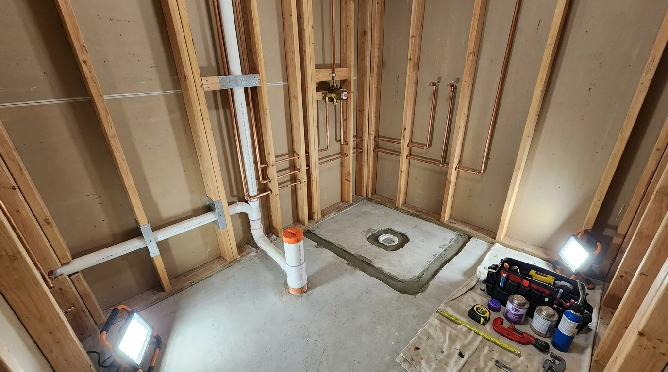 Bathroom rough-in plumbing during remodel by Johns Plumbing LLC in Green Springs