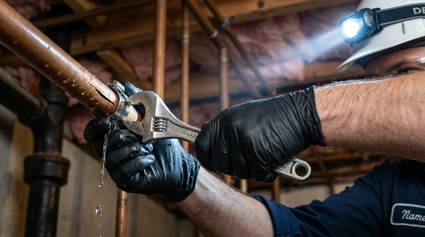 Emergency pipe clamp repair being performed by a Johns Plumbing LLC plumber in Green Springs