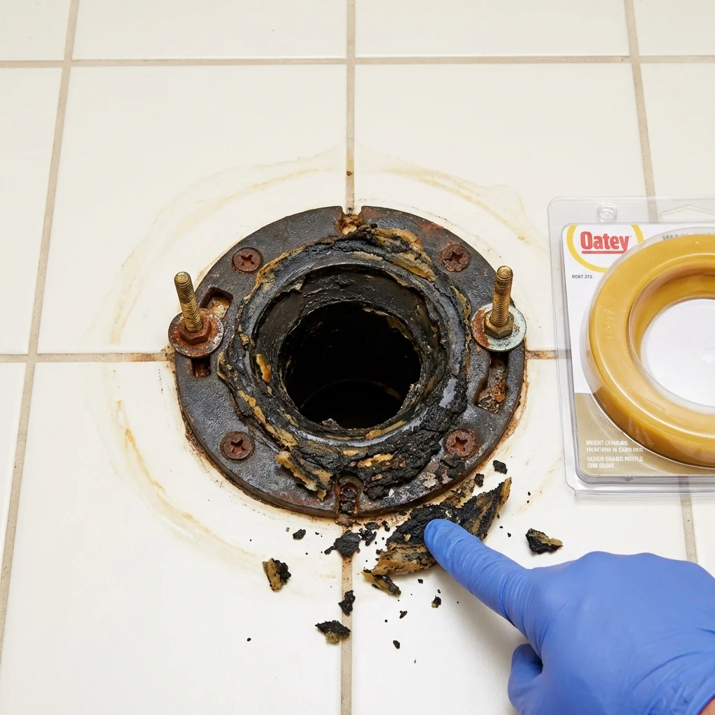 Failed wax ring showing water seepage at the base of a toilet in a Green Springs, OH home