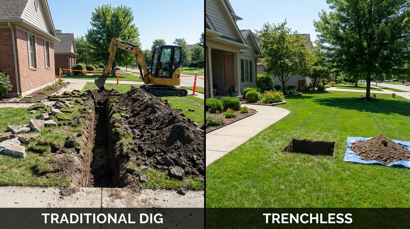 Trenchless sewer repair with minimal yard damage versus traditional excavation in Green Springs, OH