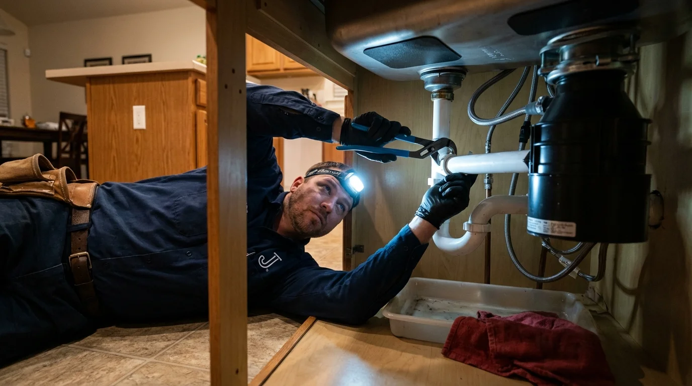 P-trap and supply line connections under a kitchen sink showing a common leak point in Green Springs, OH